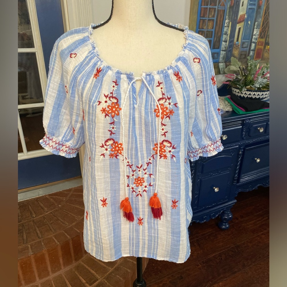 crown & ivy Blue and White Striped Embroidered Peasant Top with Orange Tassels